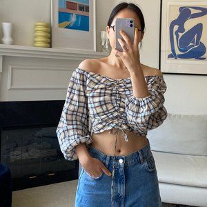 ZARA PLAID CROPPED TOP SAND/BLUE